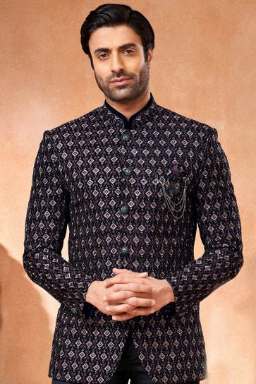 Wedding Wear Velvet Fabric Designer Readymade Jodhpuri Jacket For Men In Navy Blue Color