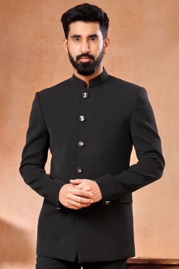 Fancy Fabric Designer Wedding Wear Readymade Jodhpuri Jacket For Men In Black Color