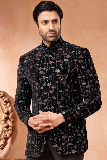 Velvet Fabric Black Color Wedding Wear Readymade Men Stylish Jodhpuri Jacket