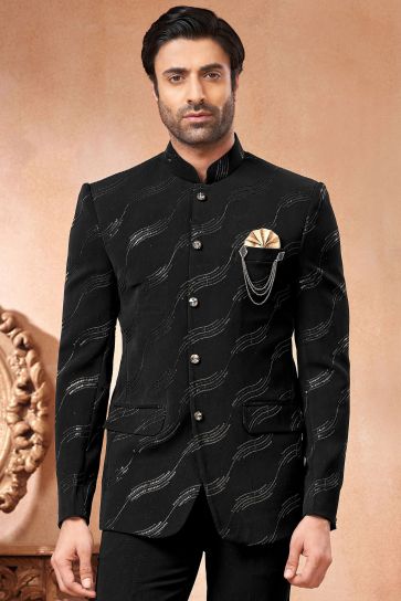Fancy Black Color Wedding Wear Readymade Designer Men Jodhpuri Jacket