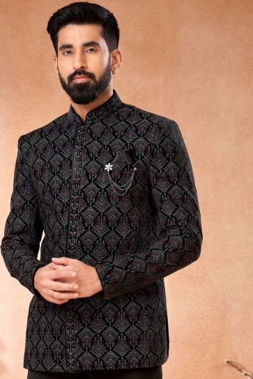 Velvet Black Wedding Wear Readymade Lovely Jodhpuri Jacket For Men