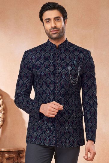 Pretty Velvet Fabric Wedding Wear Readymade Men Jodhpuri Jacket In Navy Blue Color
