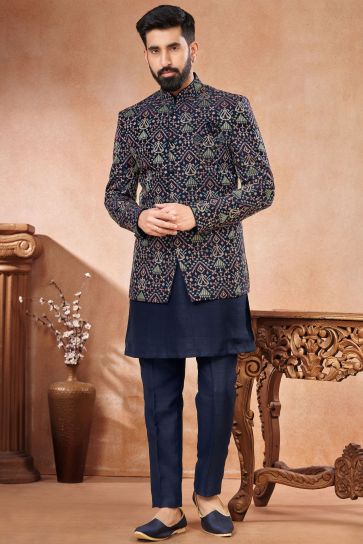 Navy Blue Color Banarasi Silk Fabric Readymade Embroidery Work Men Indo Western Jodhpuri Suit