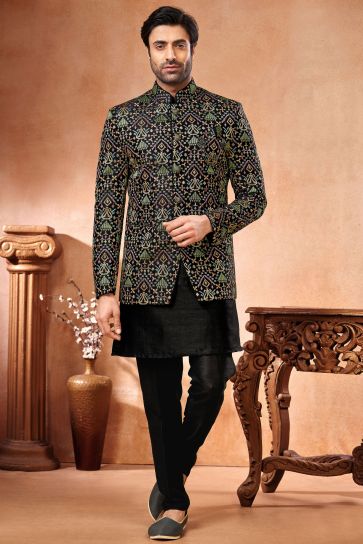 Embroidery Work Black Color Wedding Wear Readymade Banarasi Silk Fabric Indo Western Jodhpuri Suit For Men