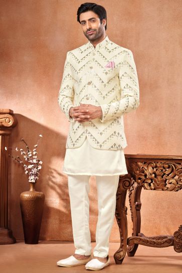 Velvet Fabric Embroidery Work Wedding Wear Readymade Cream Color Indo Western Jodhpuri Suit For Men