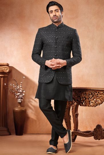 Black Banarasi Silk Fabric Festive Wear Embroidery Work Readymade Indo Western Jodhpuri Suit For Men