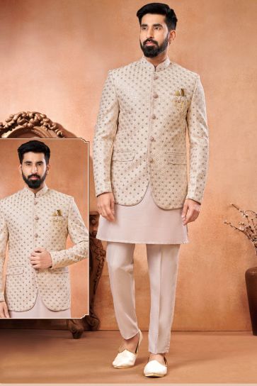 Embroidery Work Banarasi Silk Light Pink Color Wedding Wear Readymade Indo Western Jodhpuri Suit For Men