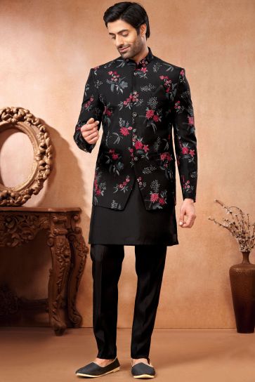 Banarasi Silk Fabric Black Color Embroidery Work Festive Wear Trendy Readymade Men Indo Western Jodhpuri Suit