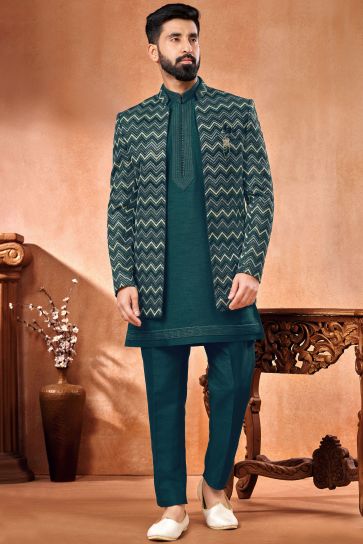 Teal Color Wedding Wear Banarasi Silk Fabric Embroidery Work Designer Readymade Indo Western Jodhpuri Suit For Men