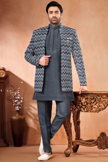 Embroidery Work Appealing Grey Color Banarasi Silk Fabric Wedding Wear Readymade Indo Western Jodhpuri Suit For Men