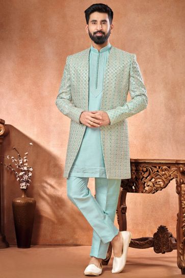 Light Cyan Color Embroidery Work Engaging Banarasi Silk Fabric Festive Wear Readymade Indo Western Jodhpuri Suit For Men
