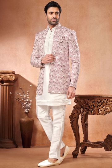 Fetching Pink Banarasi Silk Fabric Wedding Wear Embroidery Work Readymade Indo Western Jodhpuri Suit For Men