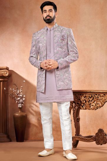 Embroidery Work Lavender Color Gorgeous Banarasi Silk Wedding Wear Readymade Indo Western Jodhpuri Suit For Men