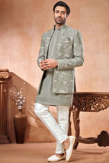 Grey Color Embroidery Work Banarasi Silk Fabric Wedding Wear Striking Readymade Indo Western Jodhpuri Suit For Men