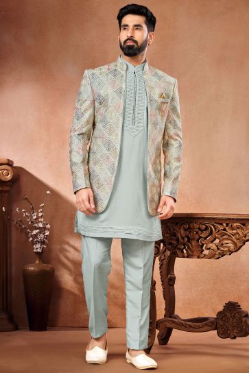 Light Cyan Stunning Banarasi Silk Fabric Embroidery Work Wedding Wear Readymade Indo Western Jodhpuri Suit For Men