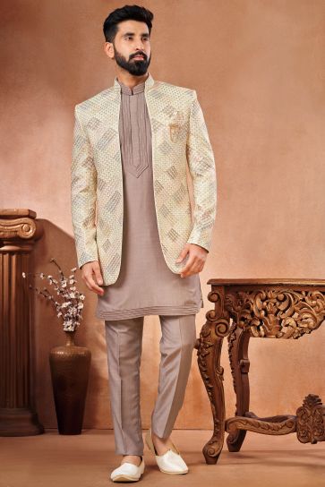Banarasi Silk Embroidery Work Beige Color Wedding Wear Pretty Readymade Indo Western Jodhpuri Suit For Men