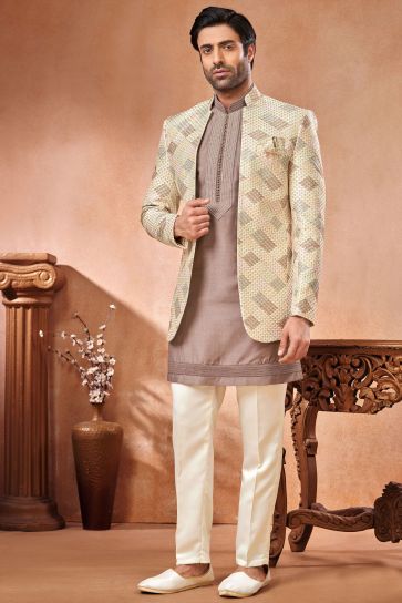 Beige Color Beautiful Embroidery Work Banarasi Silk Fabric Wedding Wear Readymade Indo Western Jodhpuri Suit For Men