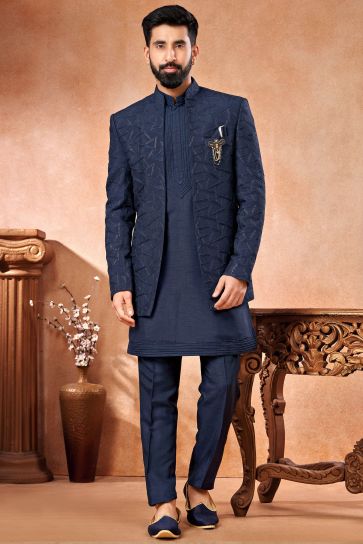 Wedding Wear Navy Blue Color Banarasi Silk Fabric Attractive Embroidery Work Readymade Indo Western Jodhpuri Suit For Men