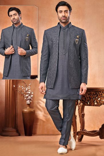 Grey Color Banarasi Silk Fabric Wedding Wear Readymade Indo Western Jodhpuri Suit For Men