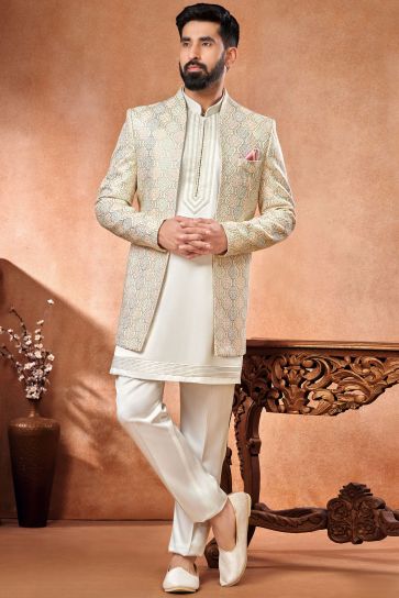 RIYAASAT | Off-White Silk Embroidered Indowestern Set | Pernia's Pop-Up  Shop Me… | Indo western outfits for men, Men stylish dress, Traditional  indian mens clothing
