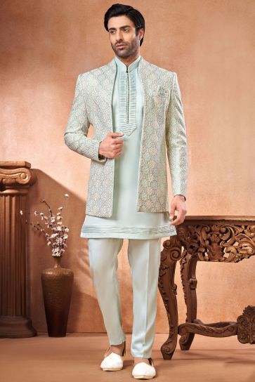 Light Cyan Banarasi Silk Fabric Wedding Wear Trendy Readymade Indo Western Jodhpuri Suit For Men Set