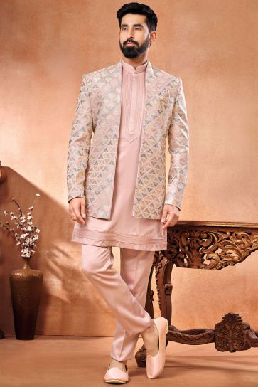 Banarasi Silk Pink Color Wedding Wear Readymade Designer Men Indo Western Jodhpuri Suit