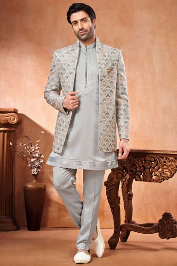 Grey Gorgeous Banarasi Silk Fabric Wedding Wear Readymade Indo Western Jodhpuri Suit For Men