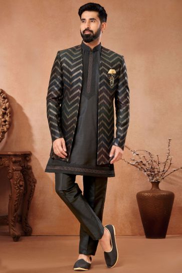 Banarasi Silk Stunning Black Color Wedding Wear Readymade Men Indo Western Jodhpuri Suit