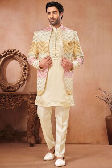 Cream Banarasi Silk Festive Wear Readymade Lovely Indo Western Jodhpuri Suit For Men