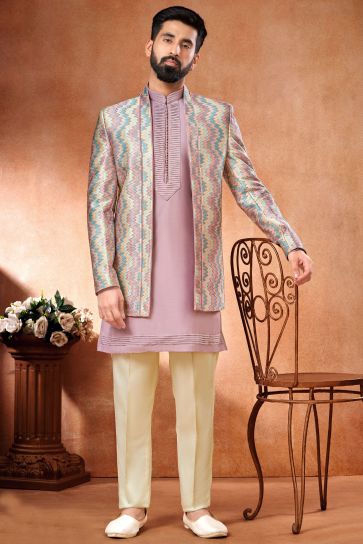 Gorgeous Lavender Color Banarasi Silk Fabric Wedding Wear Readymade Indo Western Jodhpuri Suit For Men