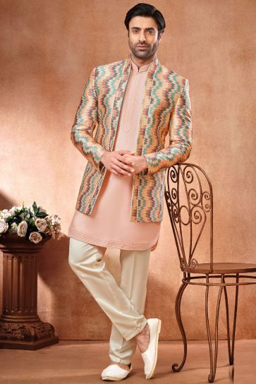 Banarasi Silk Fabric Peach Color Festive Wear Readymade Stunning Indo Western Jodhpuri Suit For Men