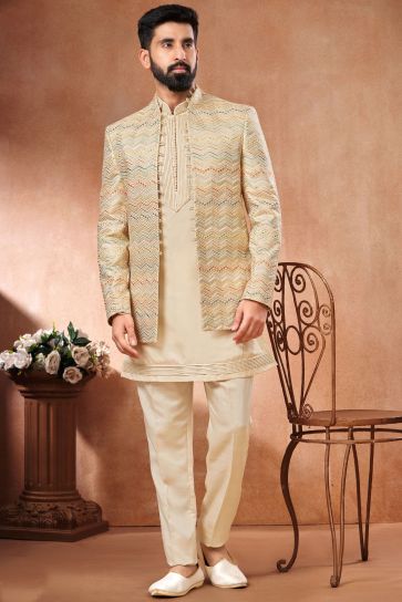 Cream Color Wedding Wear Readymade Lovely Banarasi Silk Fabric Indo Western Jodhpuri Suit For Men