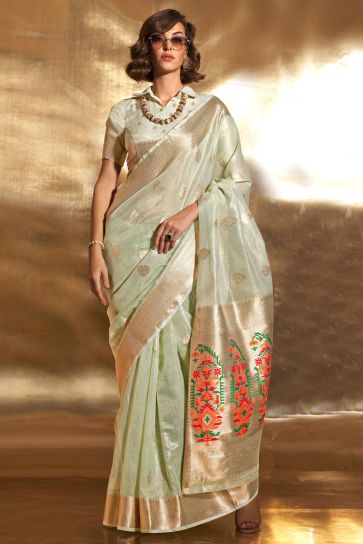 Tissue Fabric Sea Green Color Excellent Saree With Weaving Work