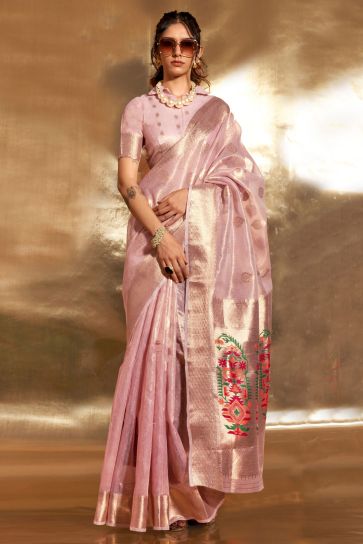 Pink Color Tissue Fabric Special Saree With Weaving Work