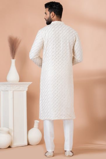 White Georgette Fabric Sequins Embroidery Sangeet Wear Trendy Readymade Kurta Pyjama For Men