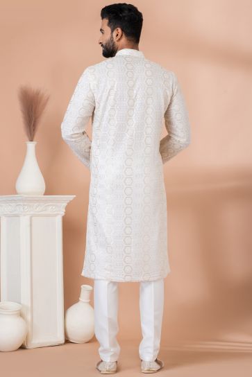 Sequins Embroidery Gorgeous Georgette Fabric Reception Wear Readymade Kurta Pyjama For Men