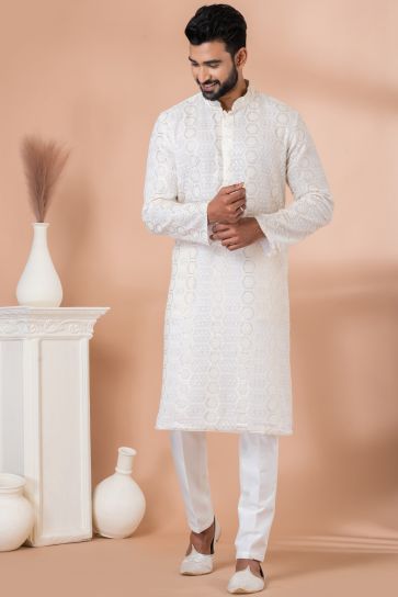 Sequins Embroidery Gorgeous Georgette Fabric Reception Wear Readymade Kurta Pyjama For Men