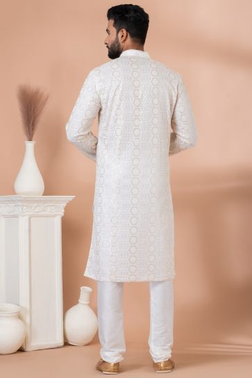 Stunning Sequins Embroidery White Color Function Wear Readymade Men Kurta Pyjama