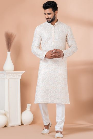 White Color Georgette Fabric Sequins Embroidery Work Function Wear Fancy Readymade Kurta Pyjama For Men