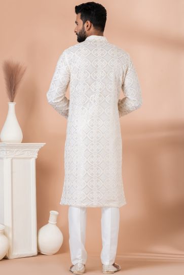 Sequins Embroidery Pretty Georgette Fabric Sangeet Wear Readymade Men Kurta Pyjama In White Color