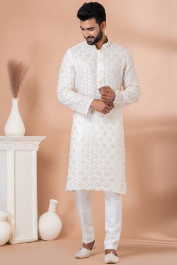 Beautiful Sequins Embroidery White Color Wedding Wear Readymade Kurta Pyjama For Men In Georgette Fabric