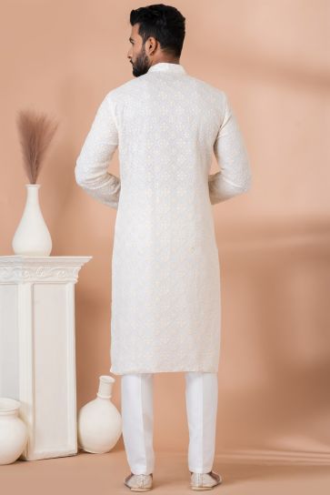 Reception Wear Attractive Sequins Embroidery Readymade Men Kurta Pyjama In White Color
