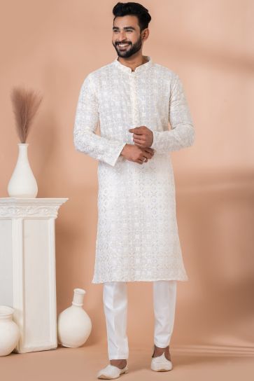 Function Wear Readymade Glamorous Sequins Embroidery Kurta Pyjama For Men In Georgette Fabric