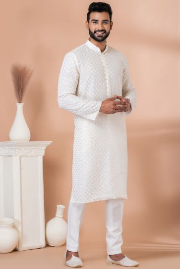 Sequins Embroidery White Georgette Graceful Readymade Men Kurta Pyjama For Festive Wear