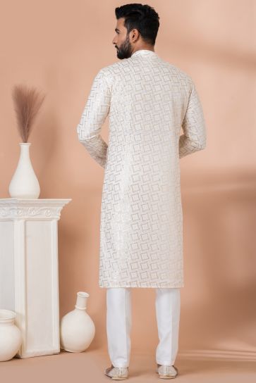 Georgette Fabric Sequins Embroidery Work Festive Wear White Designer Readymade Kurta Pyjama For Men