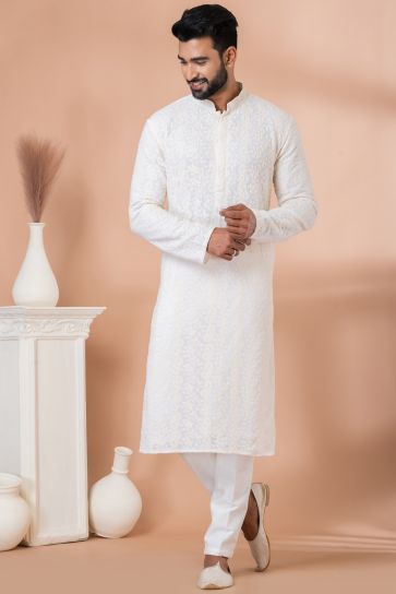 Sequins Embroidery White Color Reception Wear Readymade Georgette Fabric Kurta Pyjama For Men