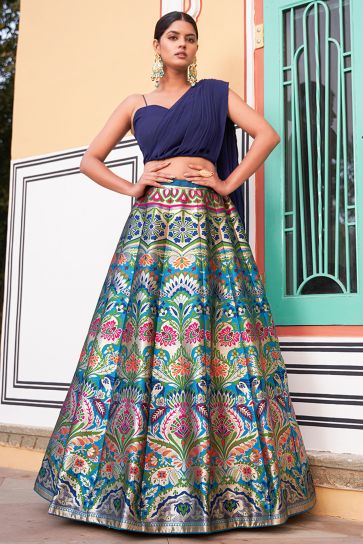 Phenomenal Weaving Designs Navy Blue Color Banarasi Silk Lehenga