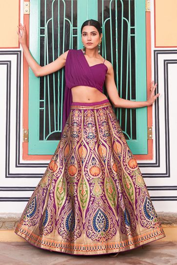 Fashionable Purple Color Weaving Designs Banarasi Silk Lehenga