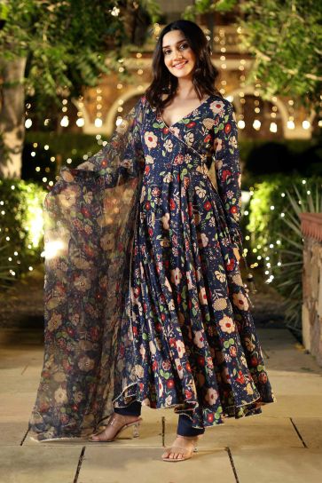 Sky Blue Designer Embroidered Satin Anarkali Gown | Saira's Boutique