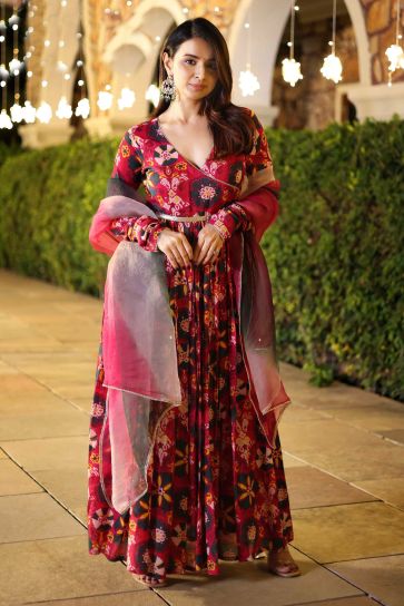 Pink Color Art Silk Fabric Glamorous Look Digital Printed Readymade Anarkali Suit